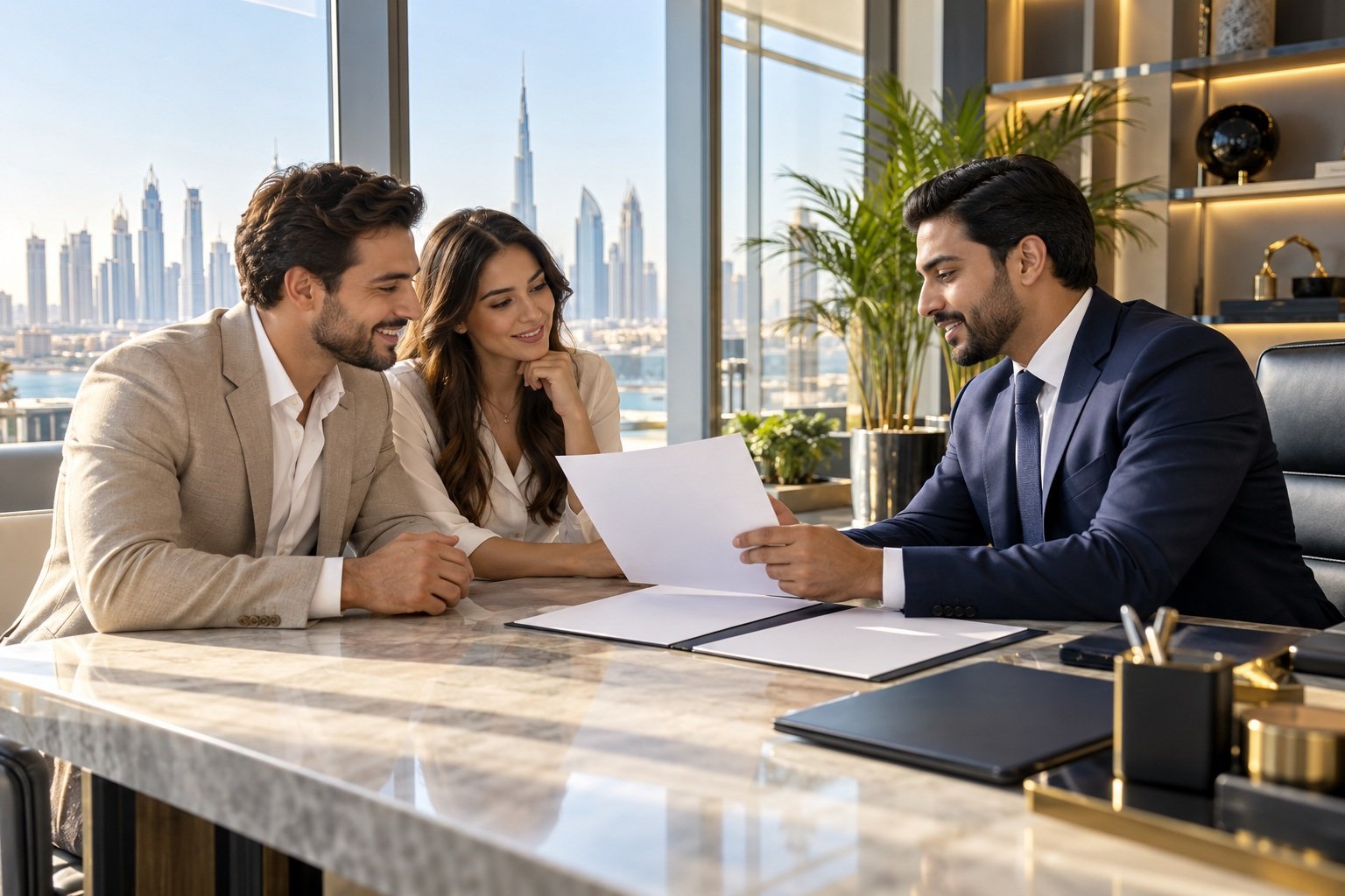 Professionals discussing a relocation plan with an adviser in a bright office