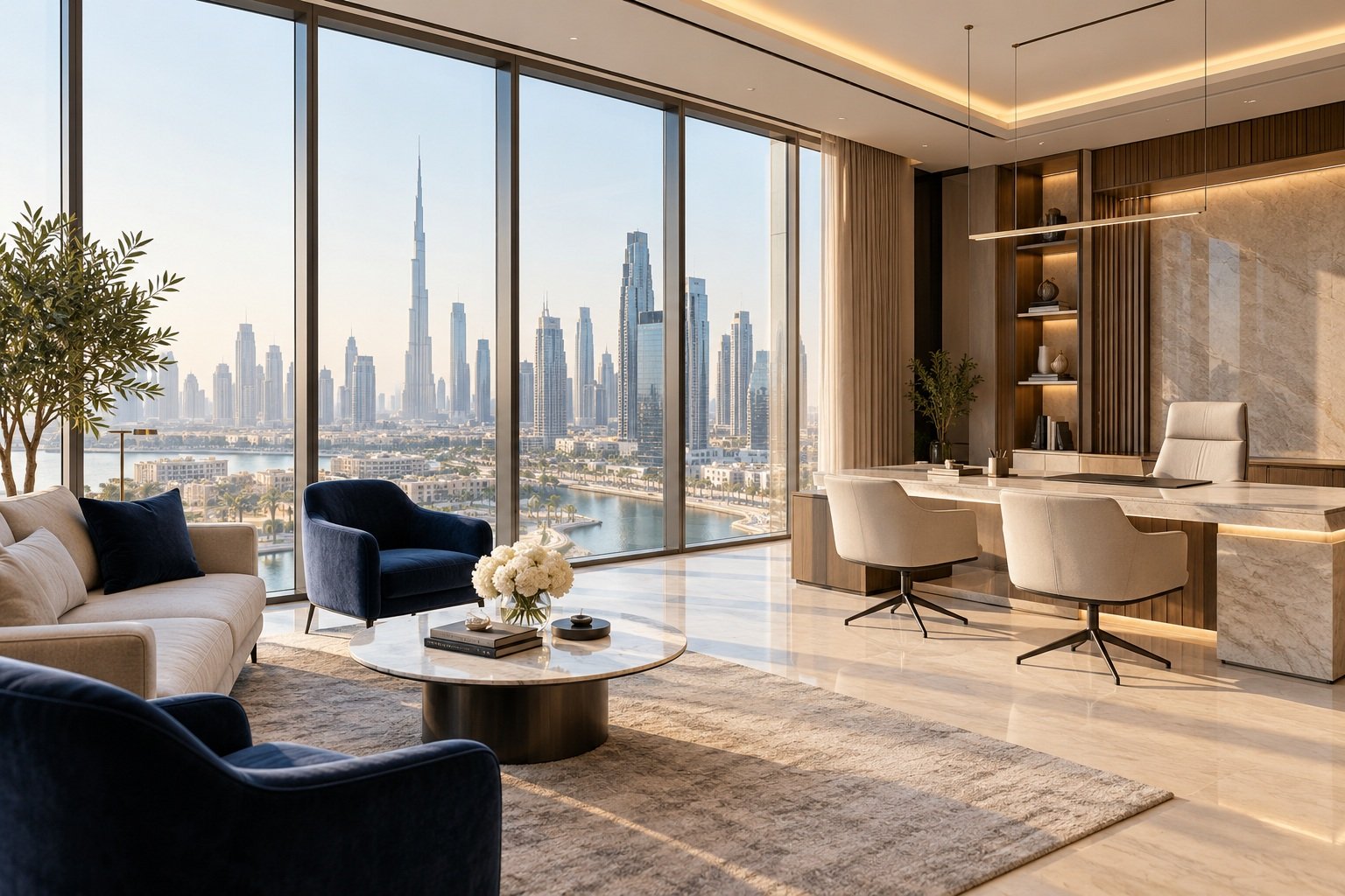 A modern professional office with comfortable seating and natural light